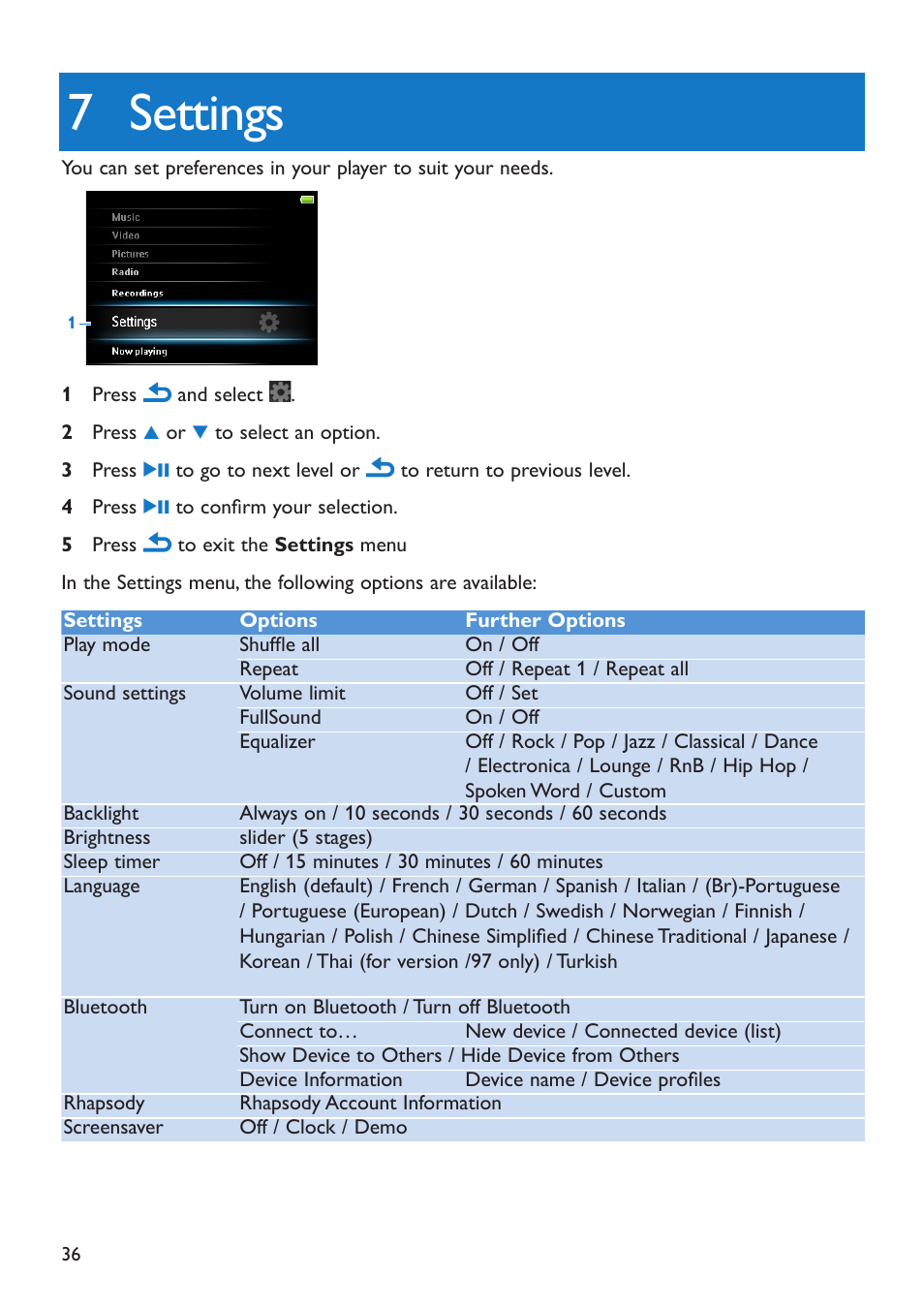 7 settings, Settings | Philips SA5285BT User Manual | Page 41 / 49