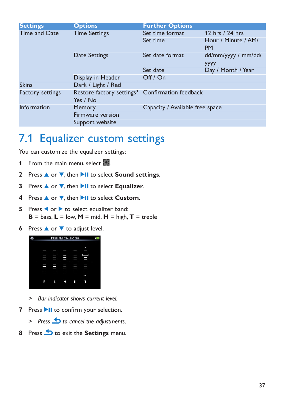 1 equalizer custom settings, Equalizer custom settings,  equalizer custom settings | Philips SA5285BT User Manual | Page 42 / 49