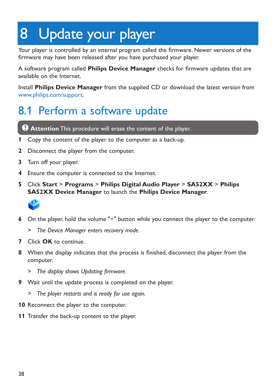 8 update your player, 1 perform a software update, Update your player | Perform a software update,  perform a software update | Philips SA5285BT User Manual | Page 43 / 49