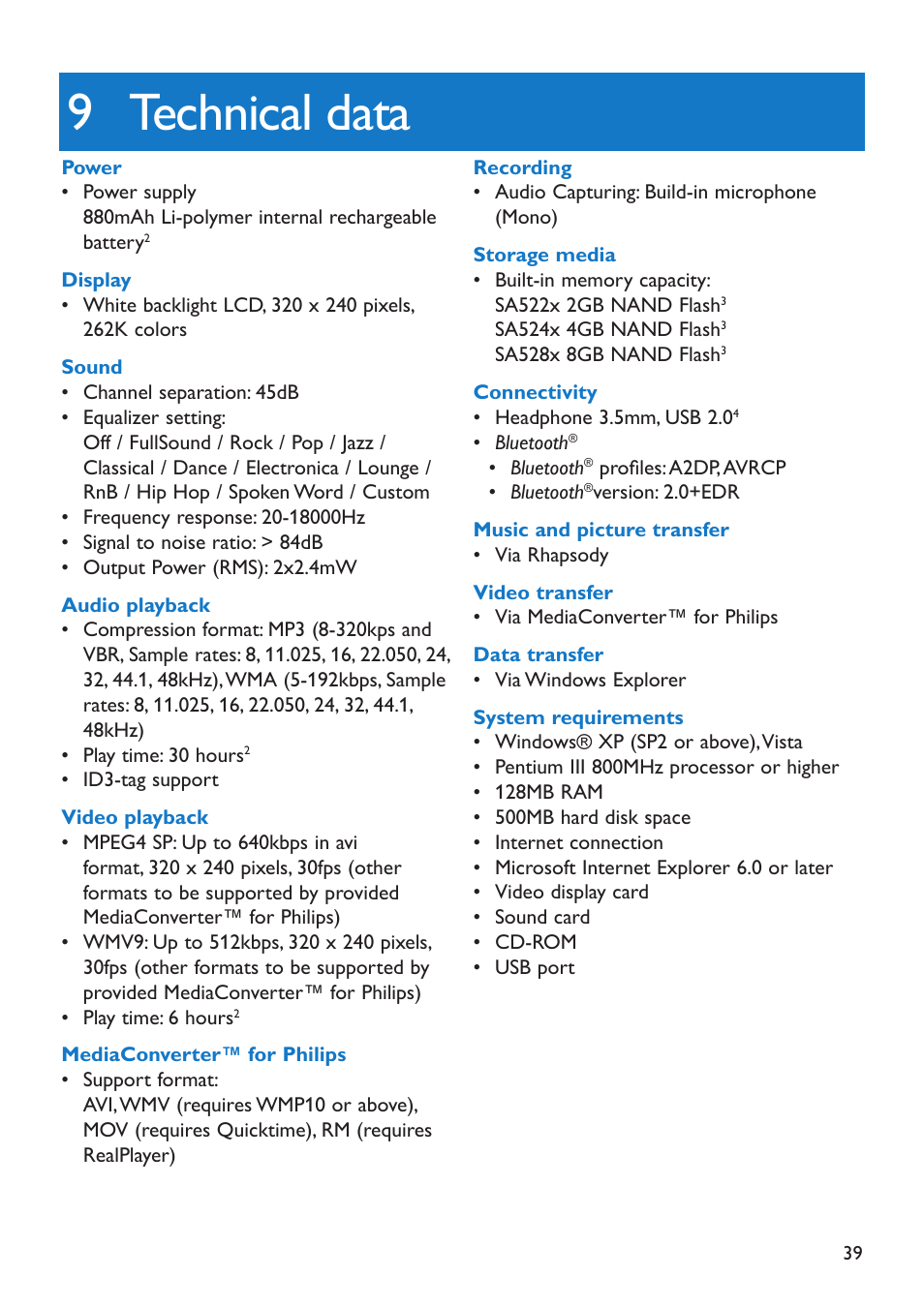 9 technical data, Technical data | Philips SA5285BT User Manual | Page 44 / 49