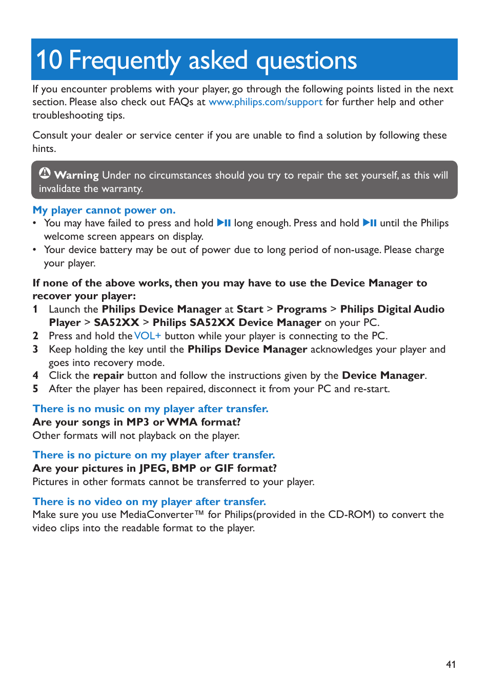 10 frequently asked questions, 0 frequently asked questions | Philips SA5285BT User Manual | Page 46 / 49