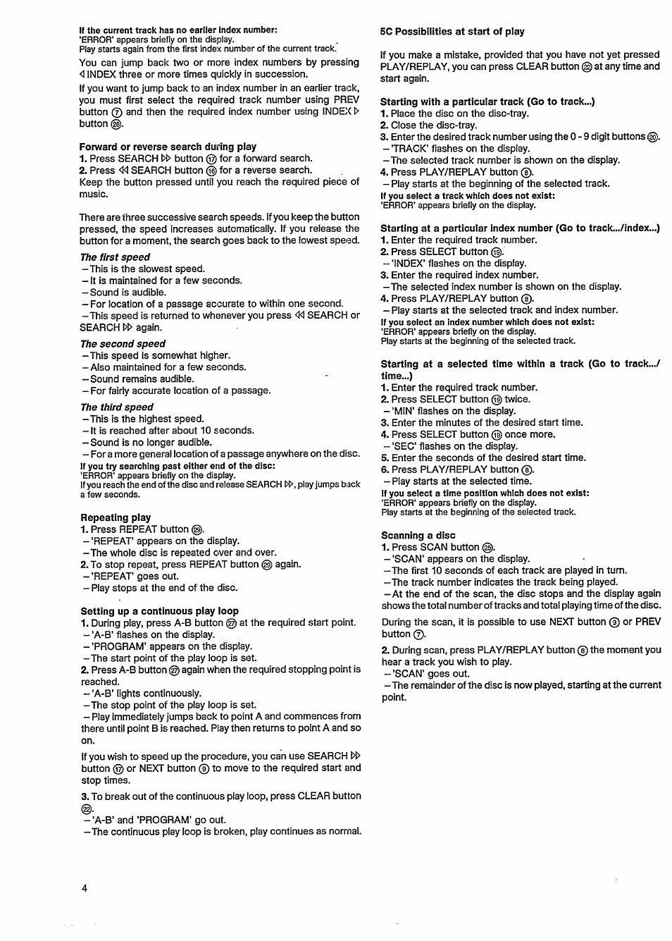 Forward or reverse search during play, Repeating play, Setting up a continuous play loop | Philips CD 960 User Manual | Page 6 / 14