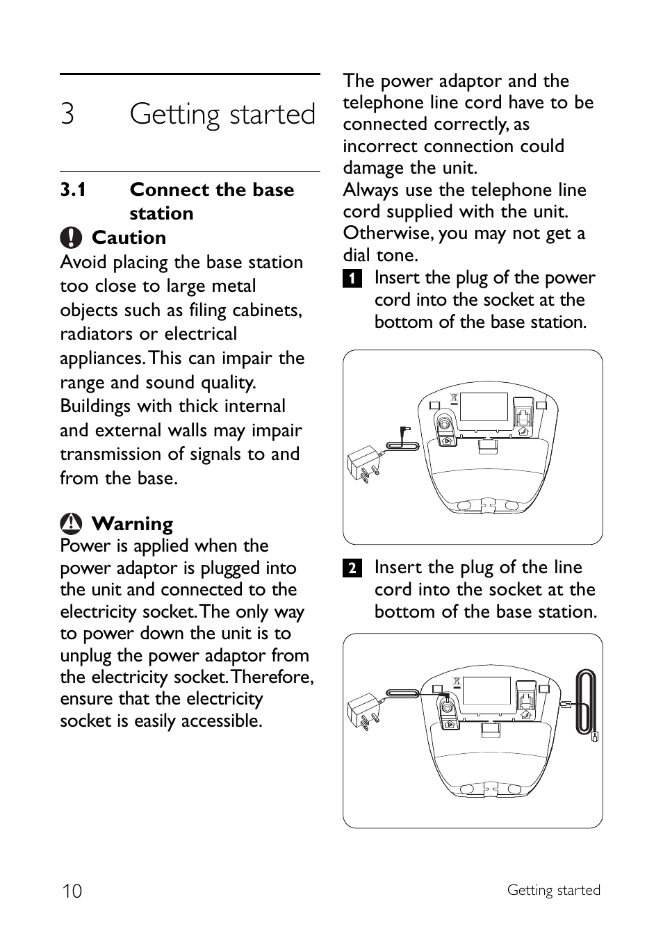 3 getting started, 1 connect the base station, Getting started | Connect the base station, 3getting started | Philips CD140 User Manual | Page 12 / 32