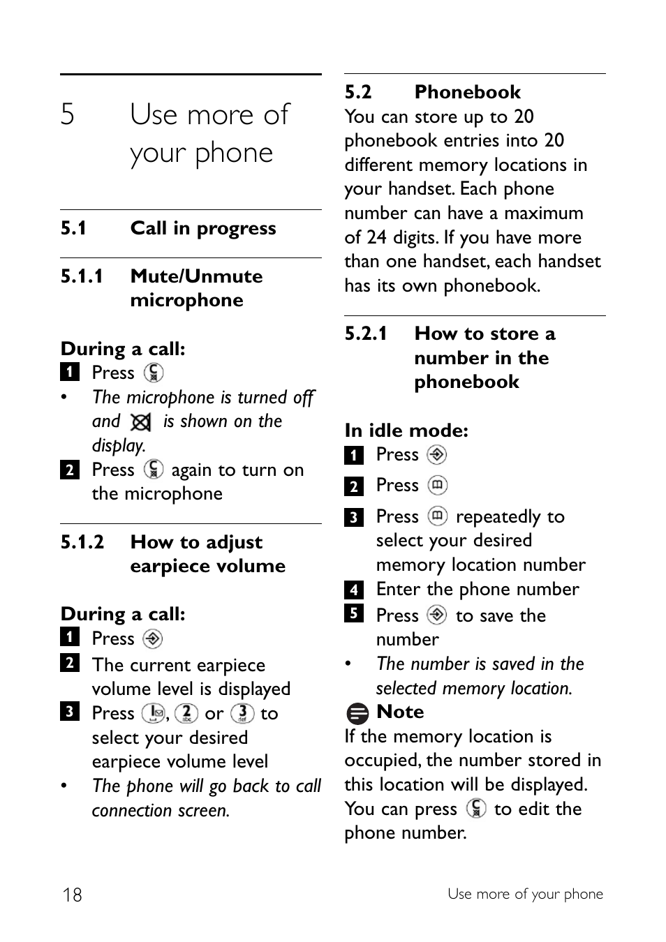 5 use more of your phone, 1 call in progress, 2 phonebook | Use more of your phone, Call in progress, Phonebook, 5use more of your phone | Philips CD140 User Manual | Page 20 / 32