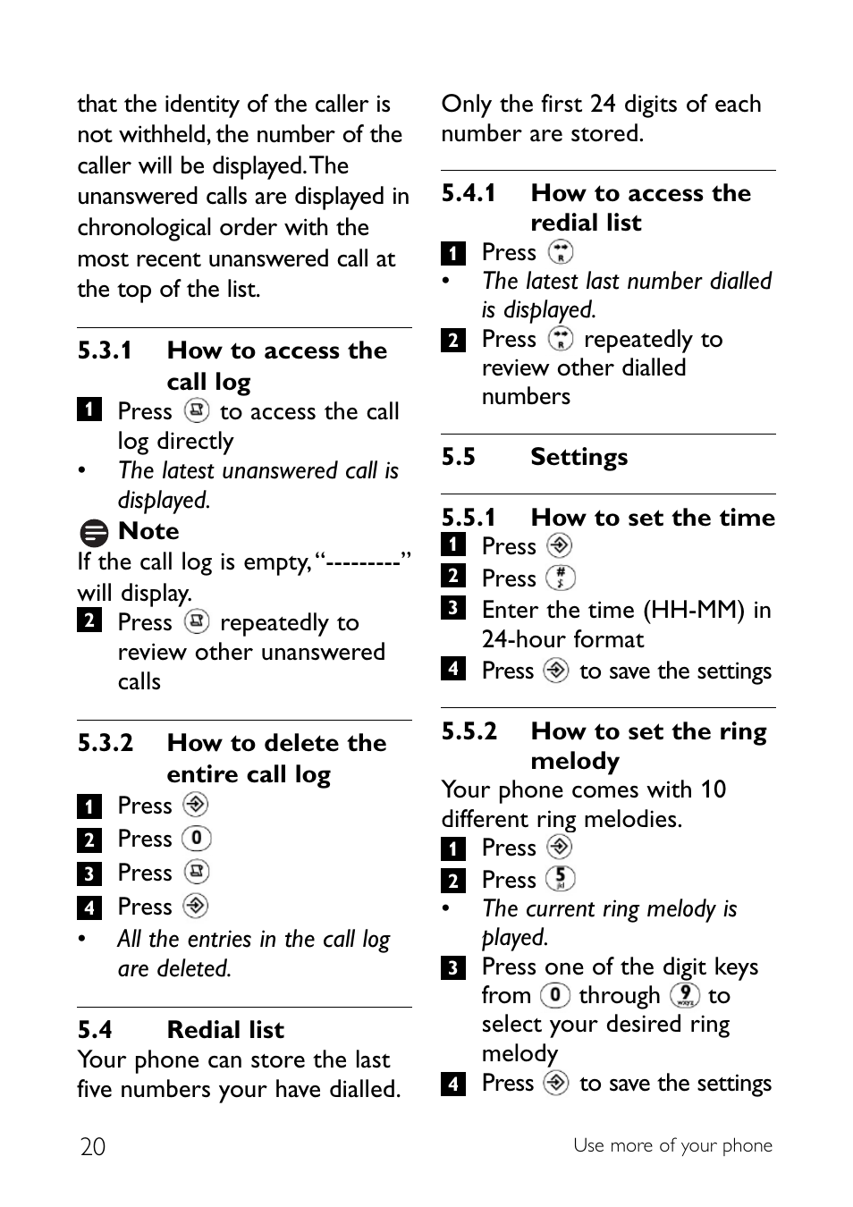 4 redial list, 5 settings, Redial list | Settings | Philips CD140 User Manual | Page 22 / 32