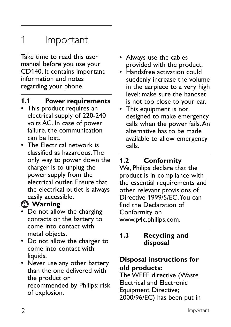 1 important, 1 power requirements, 2 conformity | 3 recycling and disposal, Important, Power requirements, Conformity, Recycling and disposal, 1important | Philips CD140 User Manual | Page 4 / 32