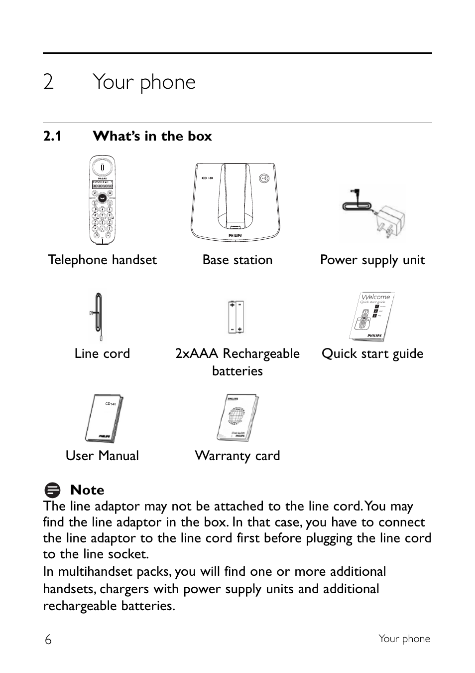 2 your phone, 1 what’s in the box, Your phone | What’s in the box, 2your phone | Philips CD140 User Manual | Page 8 / 32