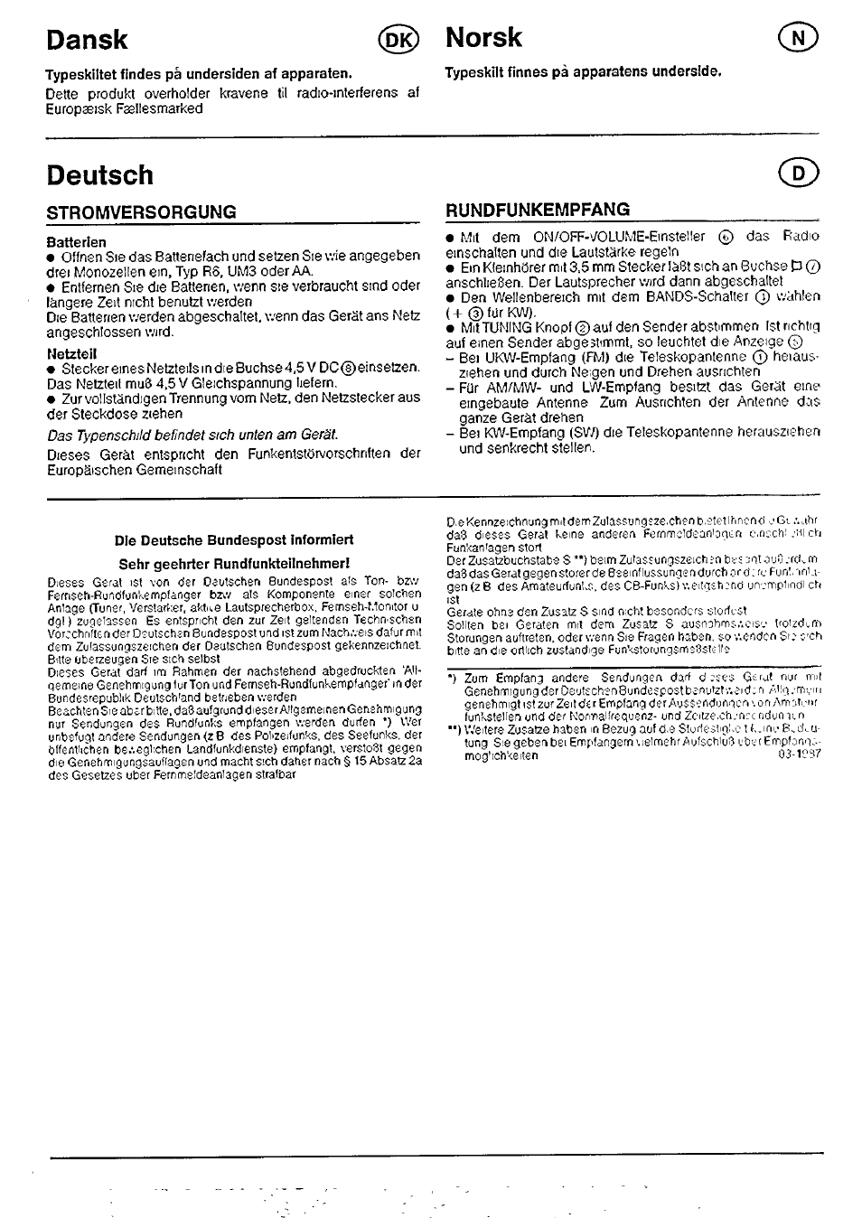 Typeskiltet findes pa undersiden af apparaien, Batterien, Netzteil | Die deutsche bundespost informiert, Dansk @) norsk, Deutsch, Stromversorgung rundfunkempfang | Philips AE3205/00 User Manual | Page 3 / 5