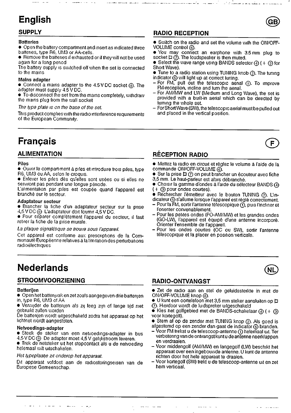 English, Français, Nederlands | Supply radio reception, Alimentation reception radio, Stroomvoorziening radio-ontvangst | Philips AE3205/00 User Manual | Page 4 / 5