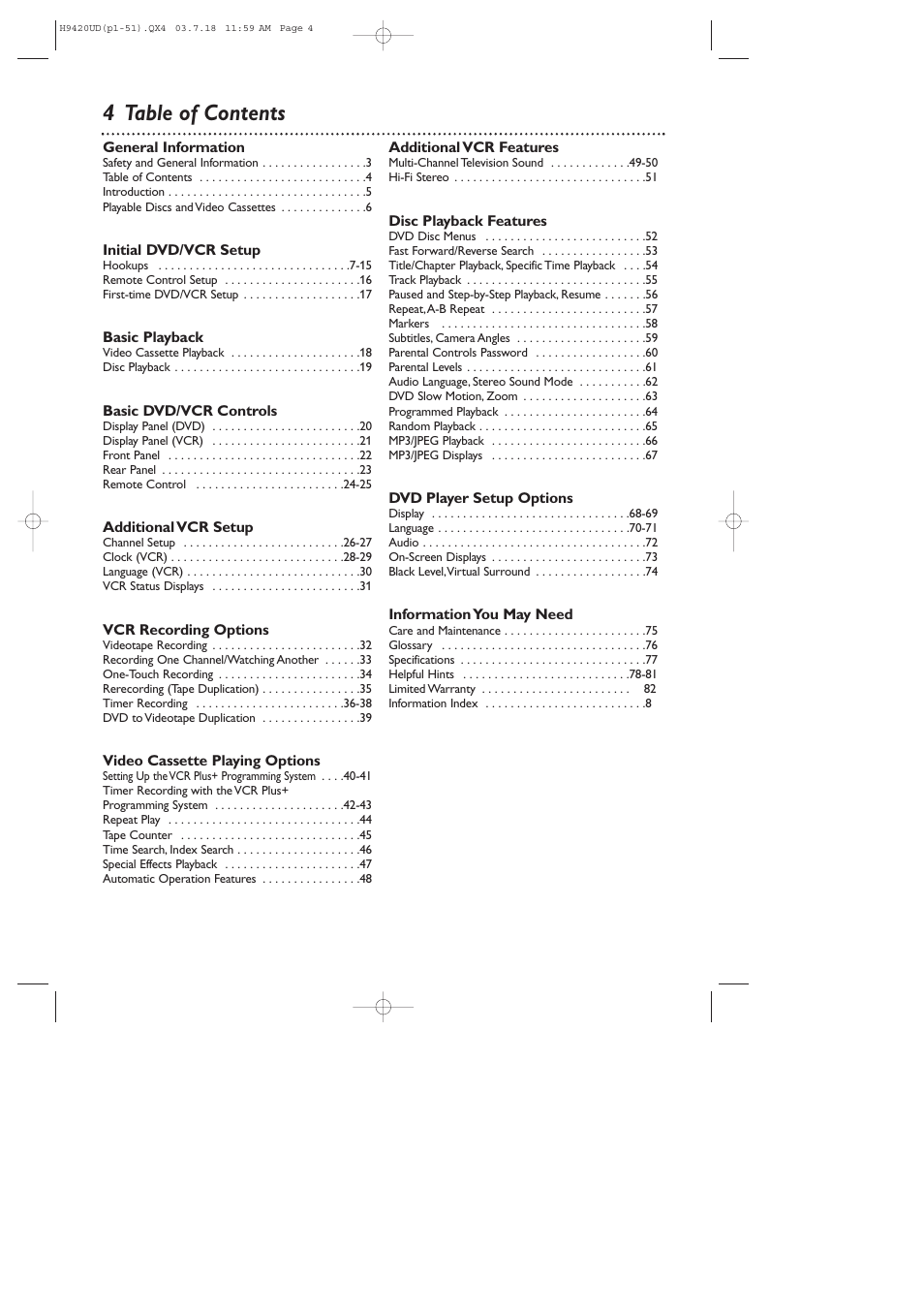 4 table of contents | Philips DVD750VR User Manual | Page 4 / 83