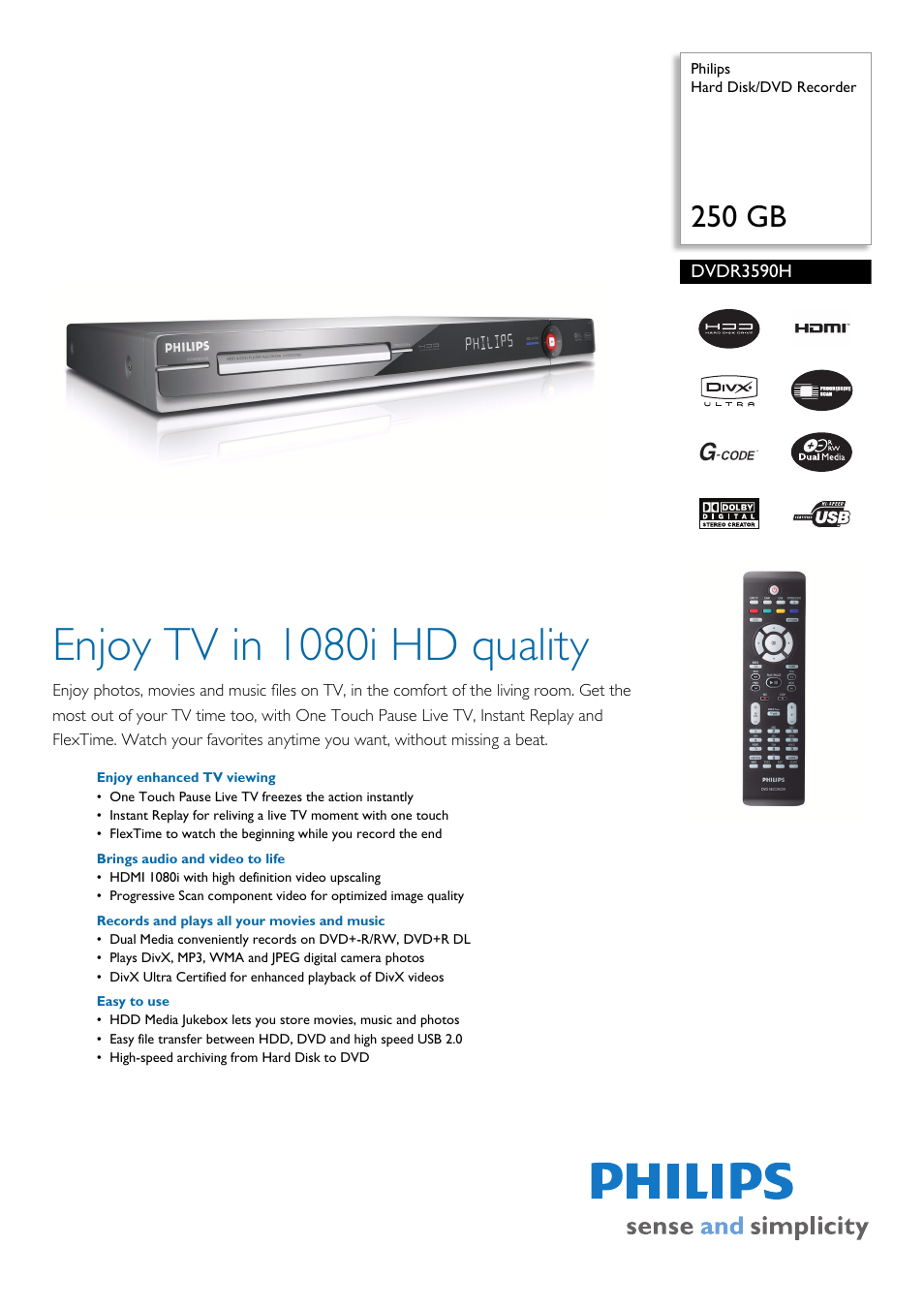 Philips DVDR3590H User Manual | 2 pages