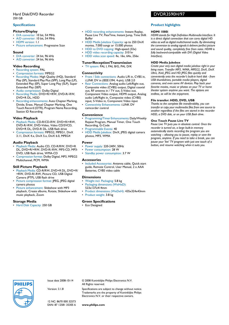 Philips DVDR3590H User Manual | Page 2 / 2