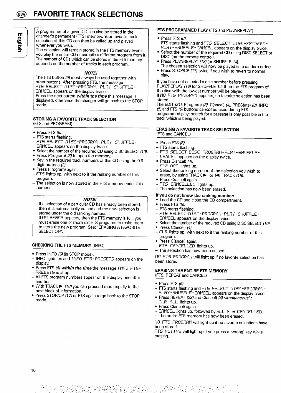 Favorite track selections, Storing a favorite track selection, Checking the fts memory (info) | Erasing a favorite track selection, Erasing the entire fts memory | Philips CDC 935 User Manual | Page 10 / 18