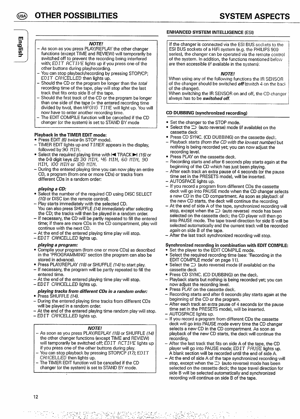 Other possibilities, Enhanced system intelligence (esi), Playback in the timer edit mode | Cd dubbing (synchronized recording), Other possibilities system aspects | Philips CDC 935 User Manual | Page 12 / 18