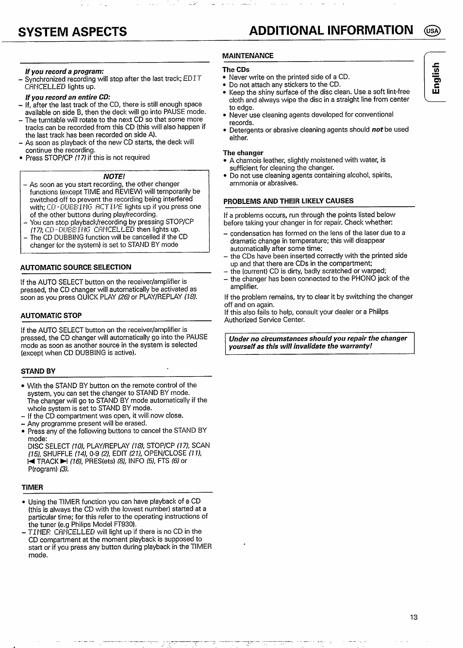 Maintenance, Automatic source selection, Automatic stop | The cds, The changer, Problems and their likely causes, Stand by, Timer, System aspects additional information | Philips CDC 935 User Manual | Page 13 / 18