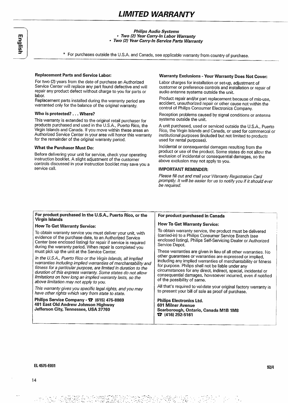 Limited warranty | Philips CDC 935 User Manual | Page 14 / 18