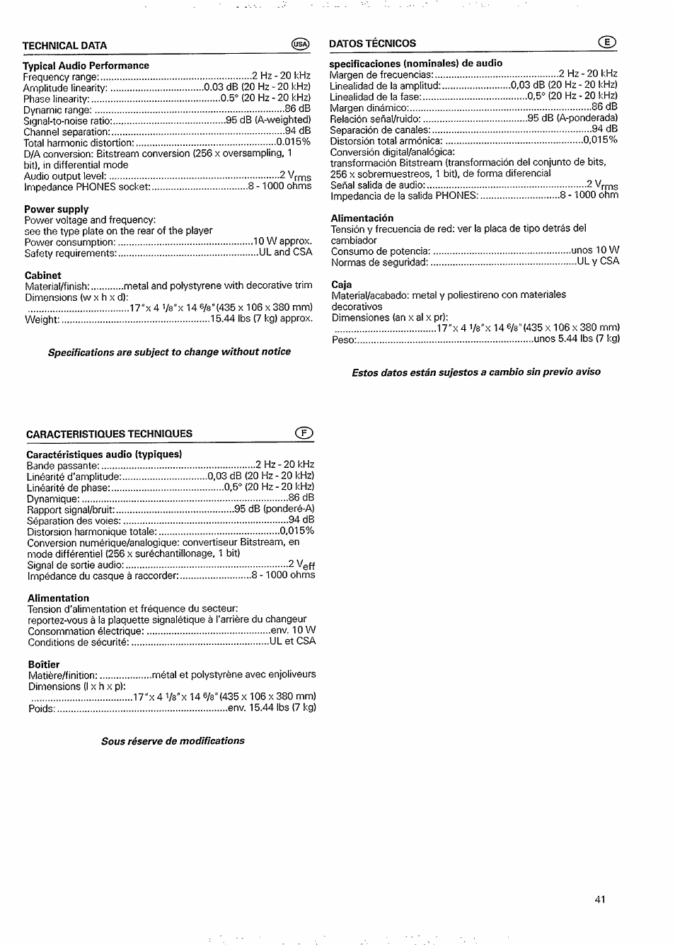 Typical audio performance, Power supply, Cabinet | Caracteristiques techniques (f), Caractéristiques audio (typiques), Alimentation, Boîtier, Specificaciones (nominales) de audio, Alimentación, Caja | Philips CDC 935 User Manual | Page 15 / 18