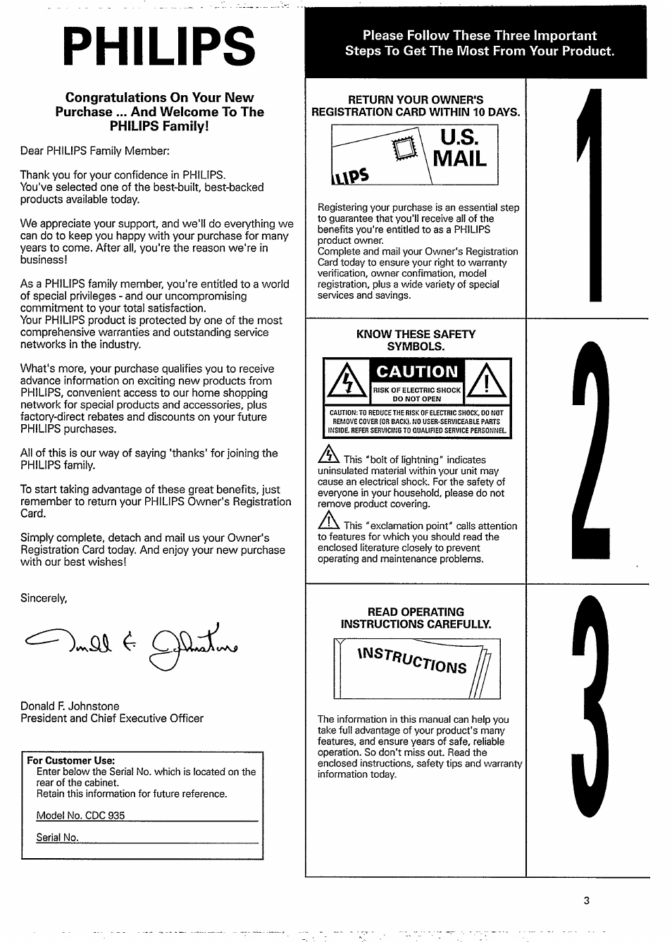 Philips, Caution | Philips CDC 935 User Manual | Page 3 / 18