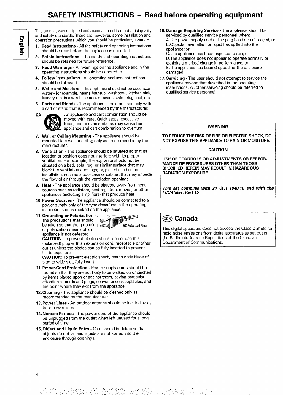 Grounding or polarization, Warning, Caution | Canada | Philips CDC 935 User Manual | Page 4 / 18