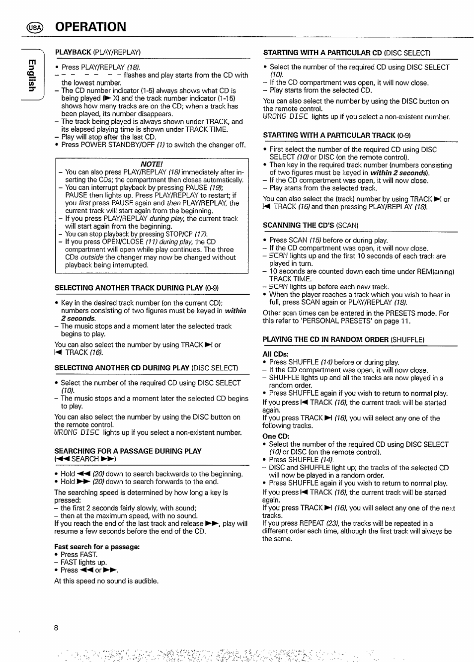 Selecting another track during play (0-9), Selecting another cd during play (disc select), Searching for a passage during play | Fast search for a passage, Operation | Philips CDC 935 User Manual | Page 8 / 18