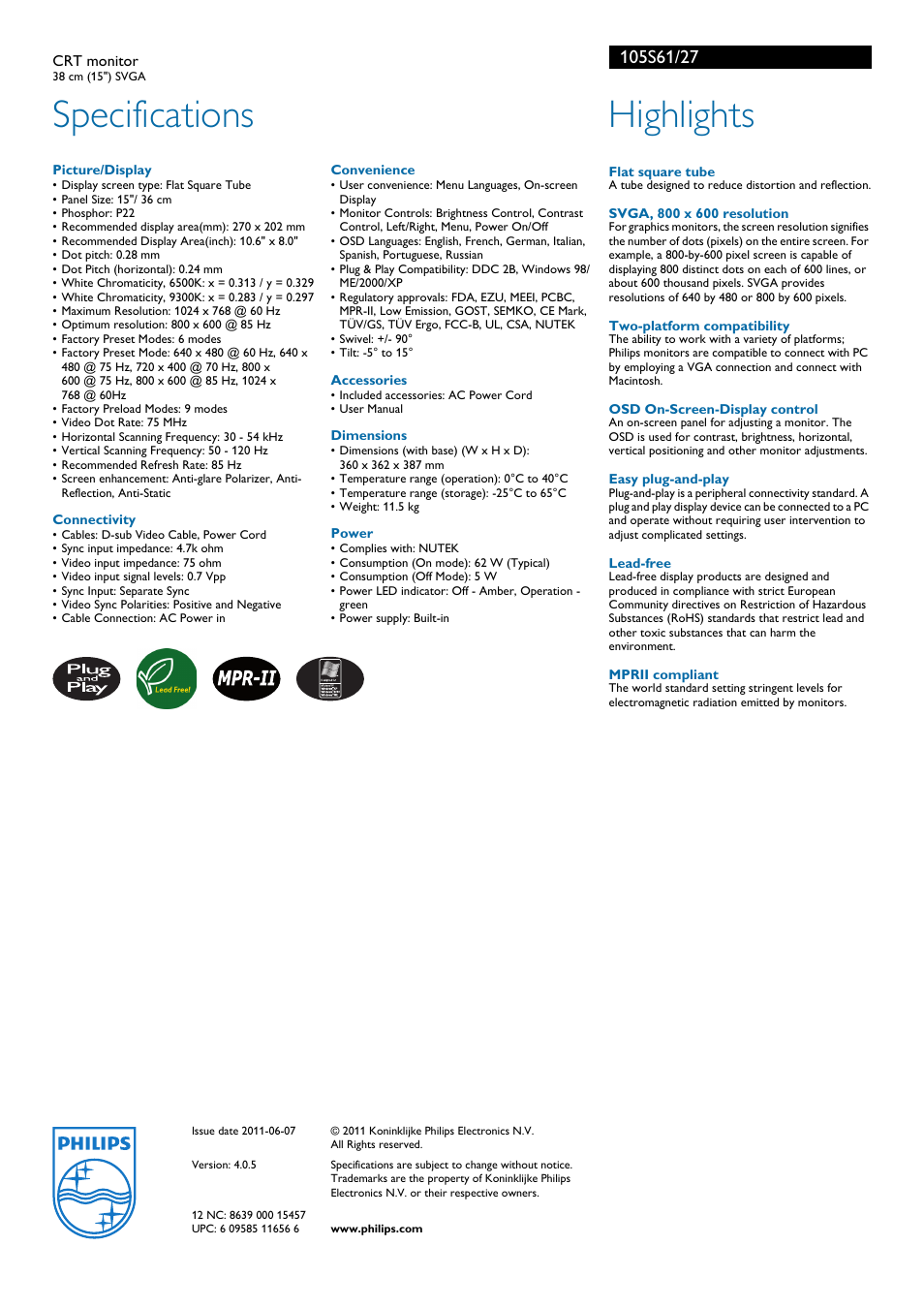 Specifications, Highlights | Philips 105S61 User Manual | Page 2 / 2