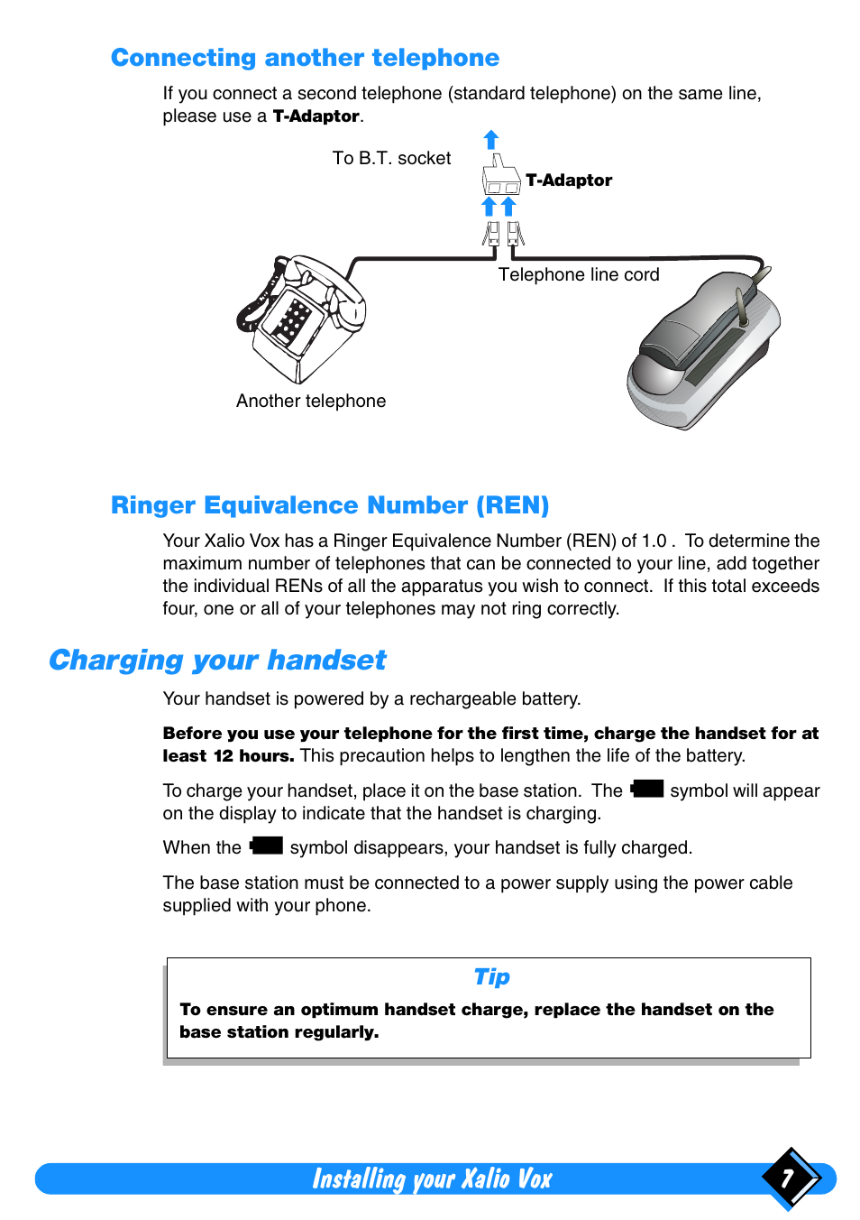 Connecting another telephone, Ringer equivalence number (ren), Charging your handset | Installing your xalio vox 7 | Philips Xalio Vox User Manual | Page 11 / 49