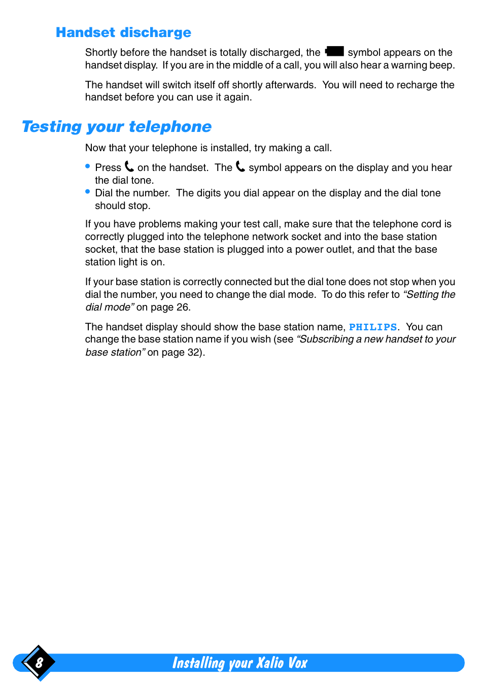 Handset discharge, Testing your telephone, Installing your xalio vox 8 | Philips Xalio Vox User Manual | Page 12 / 49