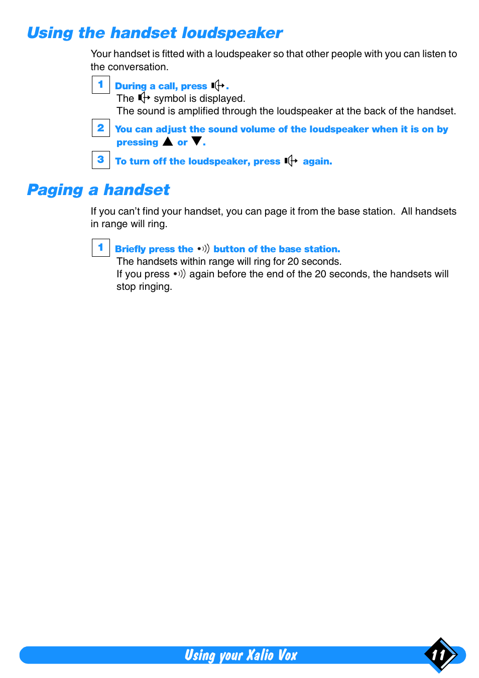 Using the handset loudspeaker, Paging a handset, Using your xalio vox 11 | Philips Xalio Vox User Manual | Page 15 / 49
