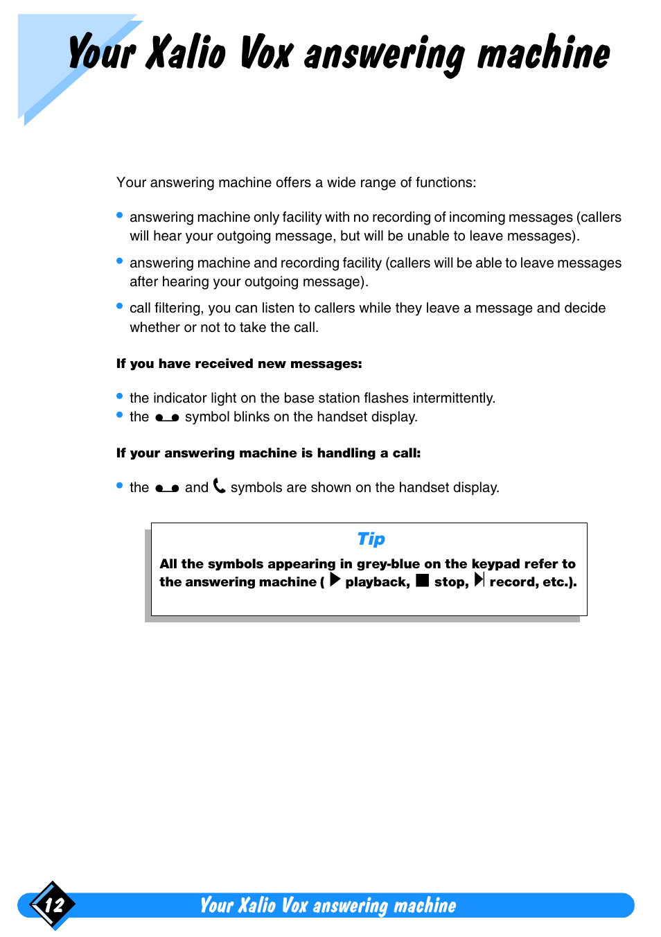 Your xalio vox answering machine, Your xalio vox answering machine 12 | Philips Xalio Vox User Manual | Page 16 / 49