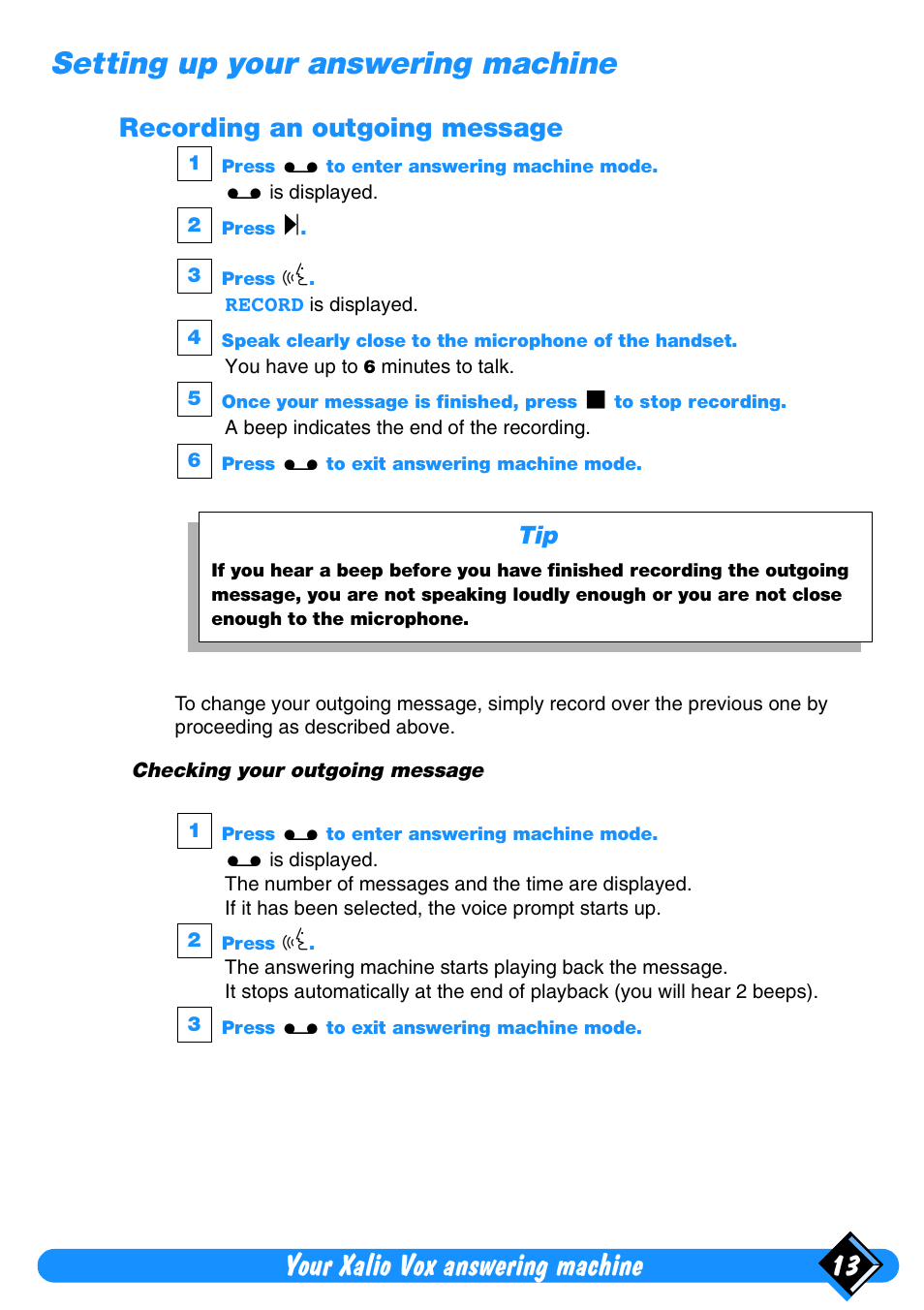 Setting up your answering machine, Recording an outgoing message, Your xalio vox answering machine 13 | Philips Xalio Vox User Manual | Page 17 / 49