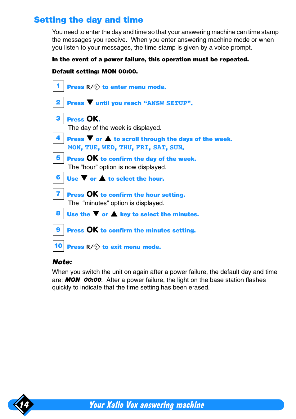 Setting the day and time, Your xalio vox answering machine 14 | Philips Xalio Vox User Manual | Page 18 / 49