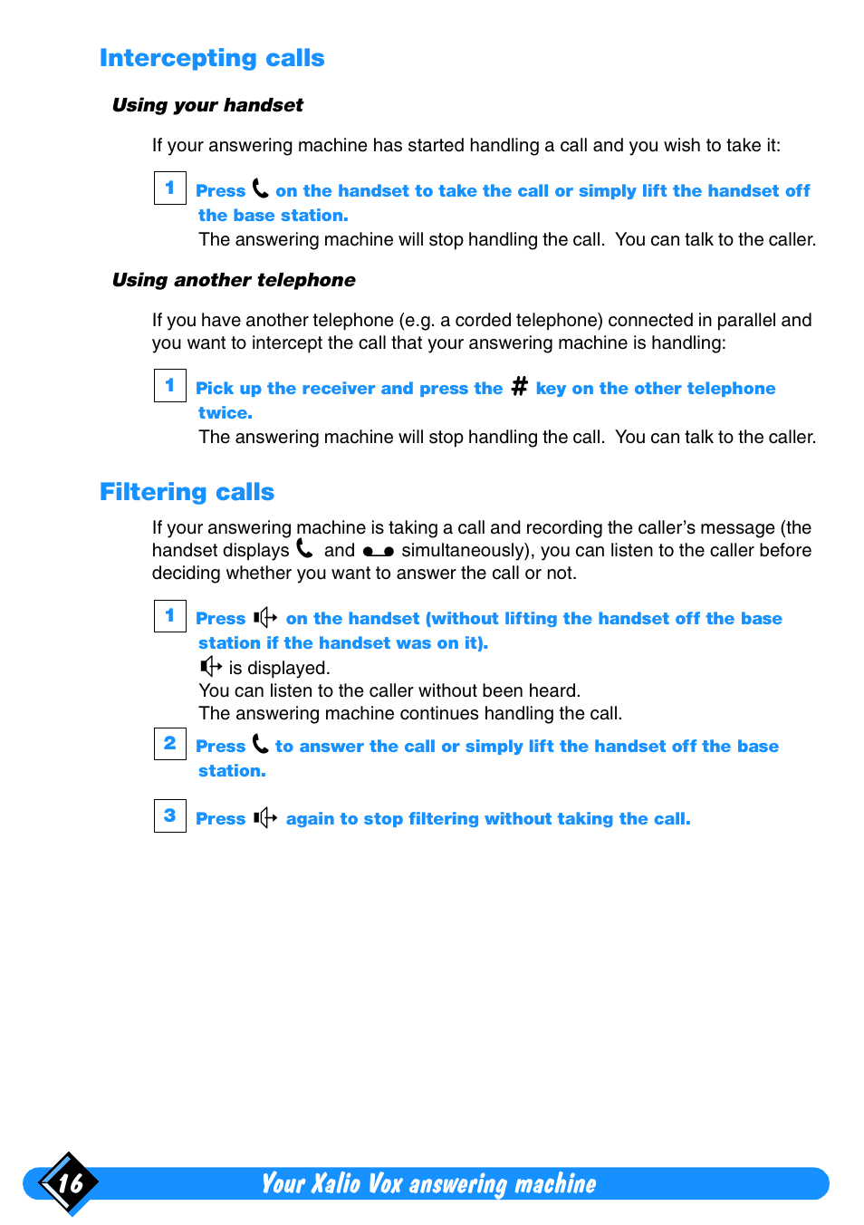 Intercepting calls, Filtering calls, Your xalio vox answering machine 16 | Philips Xalio Vox User Manual | Page 20 / 49