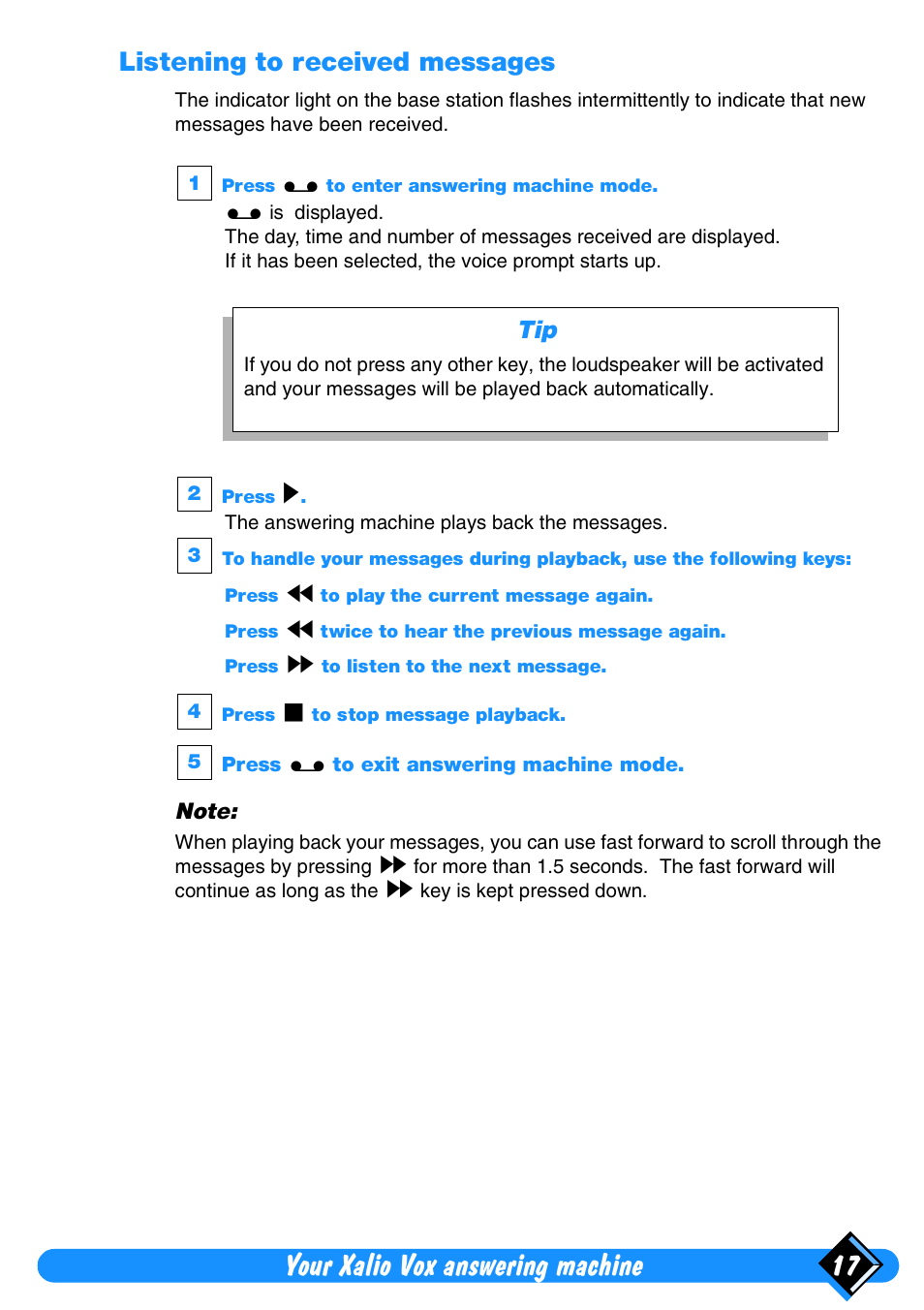 Listening to received messages, Your xalio vox answering machine 17 | Philips Xalio Vox User Manual | Page 21 / 49