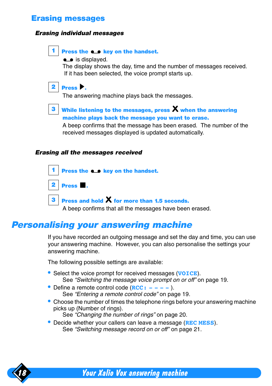 Erasing messages, Personalising your answering machine, Your xalio vox answering machine 18 | Philips Xalio Vox User Manual | Page 22 / 49