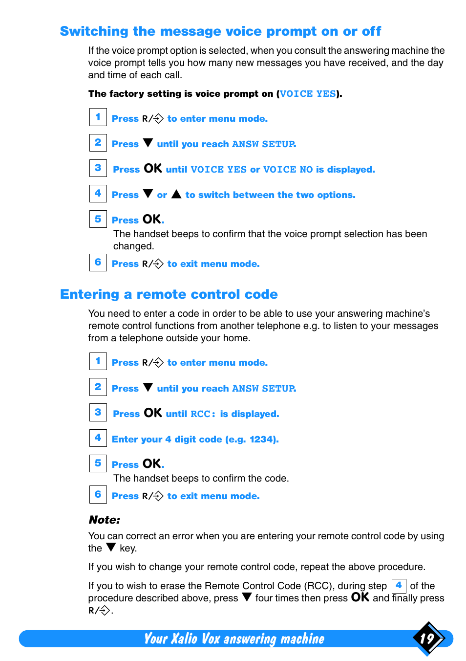 Switching the message voice prompt on or off, Entering a remote control code, Your xalio vox answering machine 19 | Philips Xalio Vox User Manual | Page 23 / 49