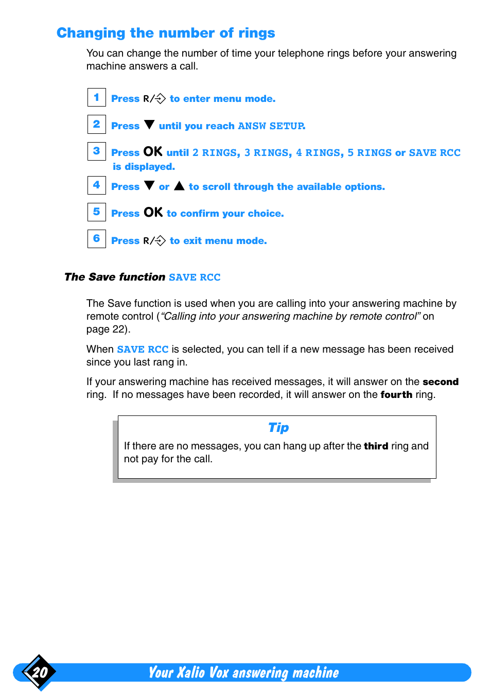 Changing the number of rings, Your xalio vox answering machine 20 | Philips Xalio Vox User Manual | Page 24 / 49