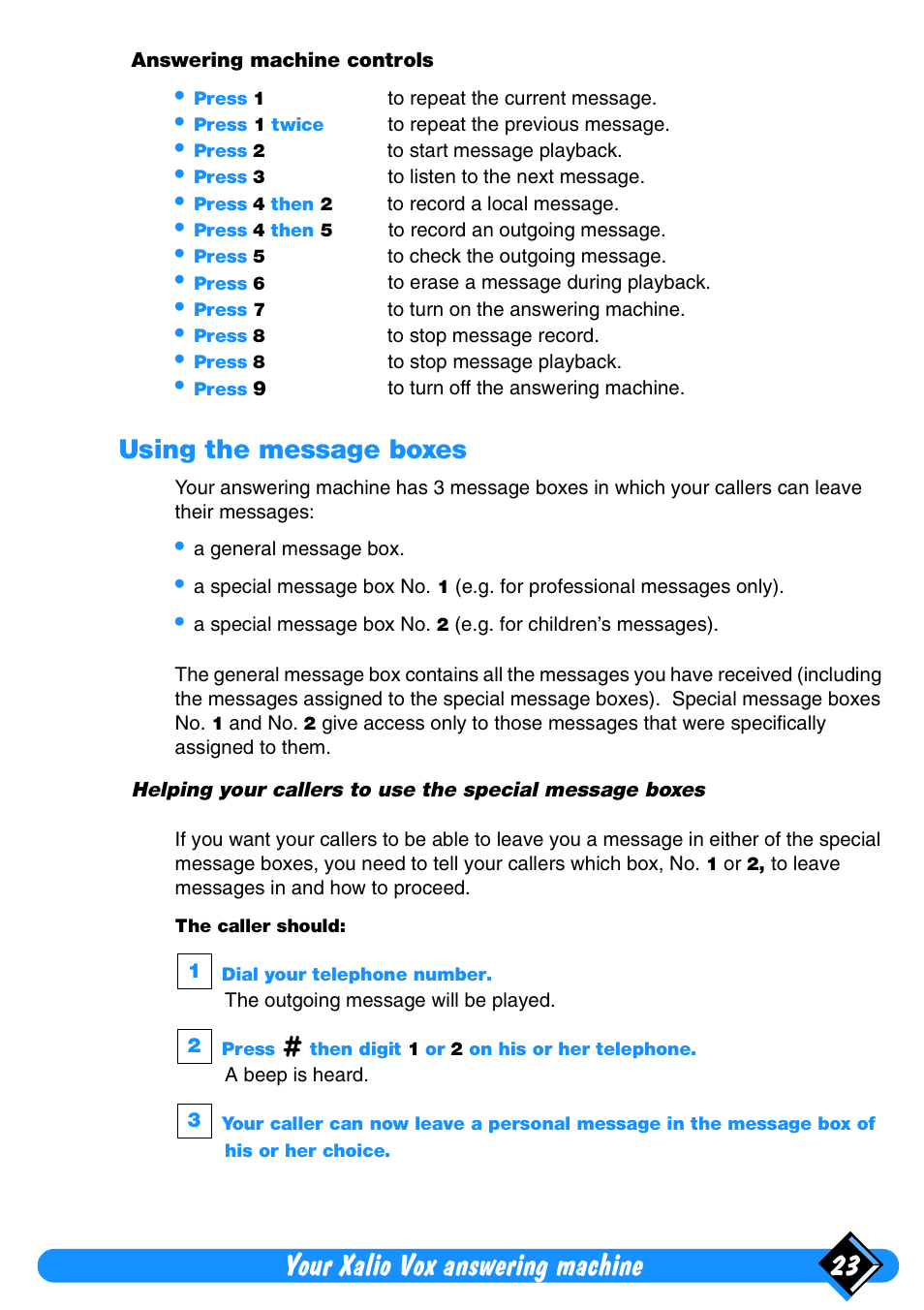 Using the message boxes, Your xalio vox answering machine 23 | Philips Xalio Vox User Manual | Page 27 / 49