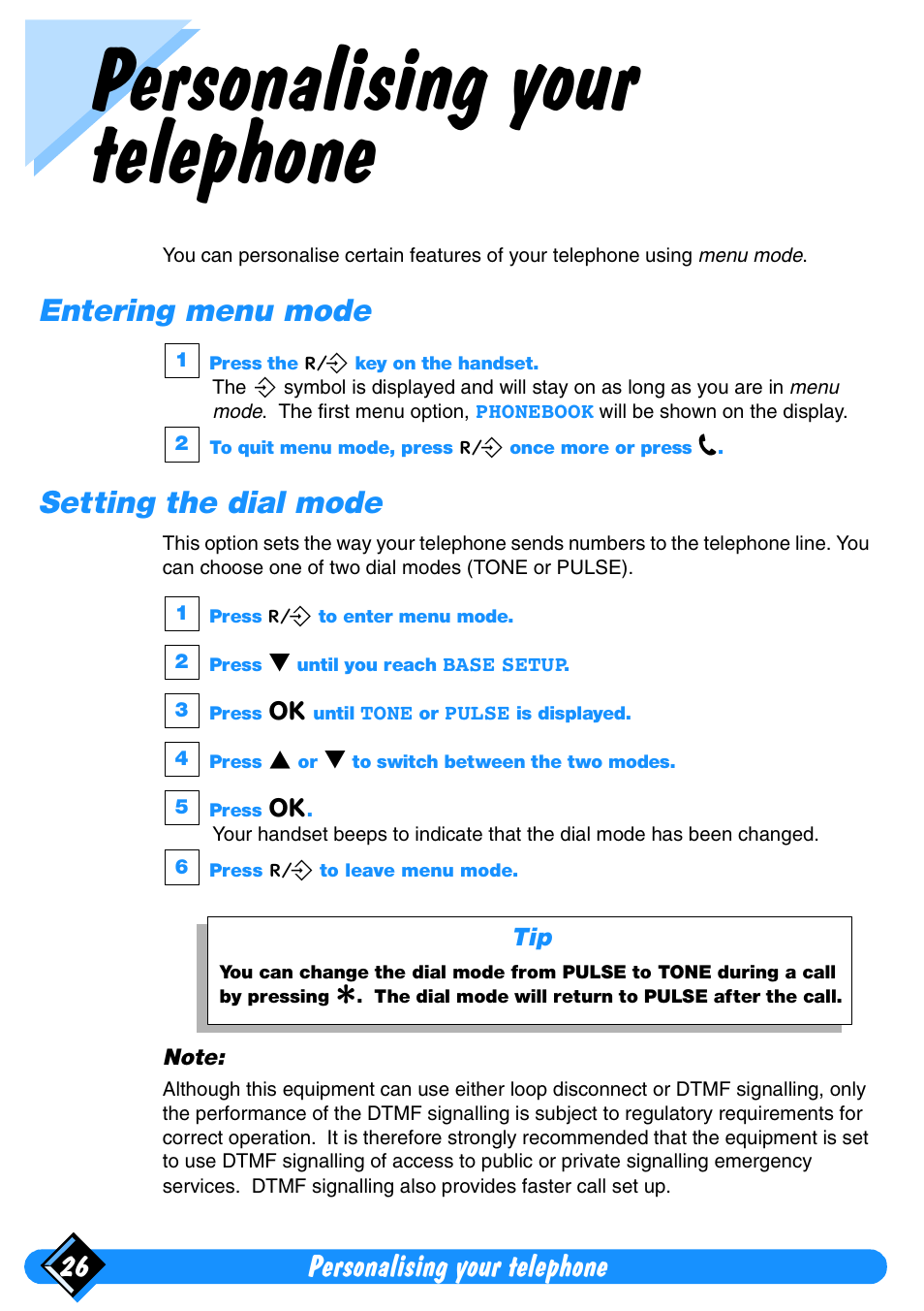 Personalising your telephone, Entering menu mode, Setting the dial mode | Personalising your telephone 26 | Philips Xalio Vox User Manual | Page 30 / 49