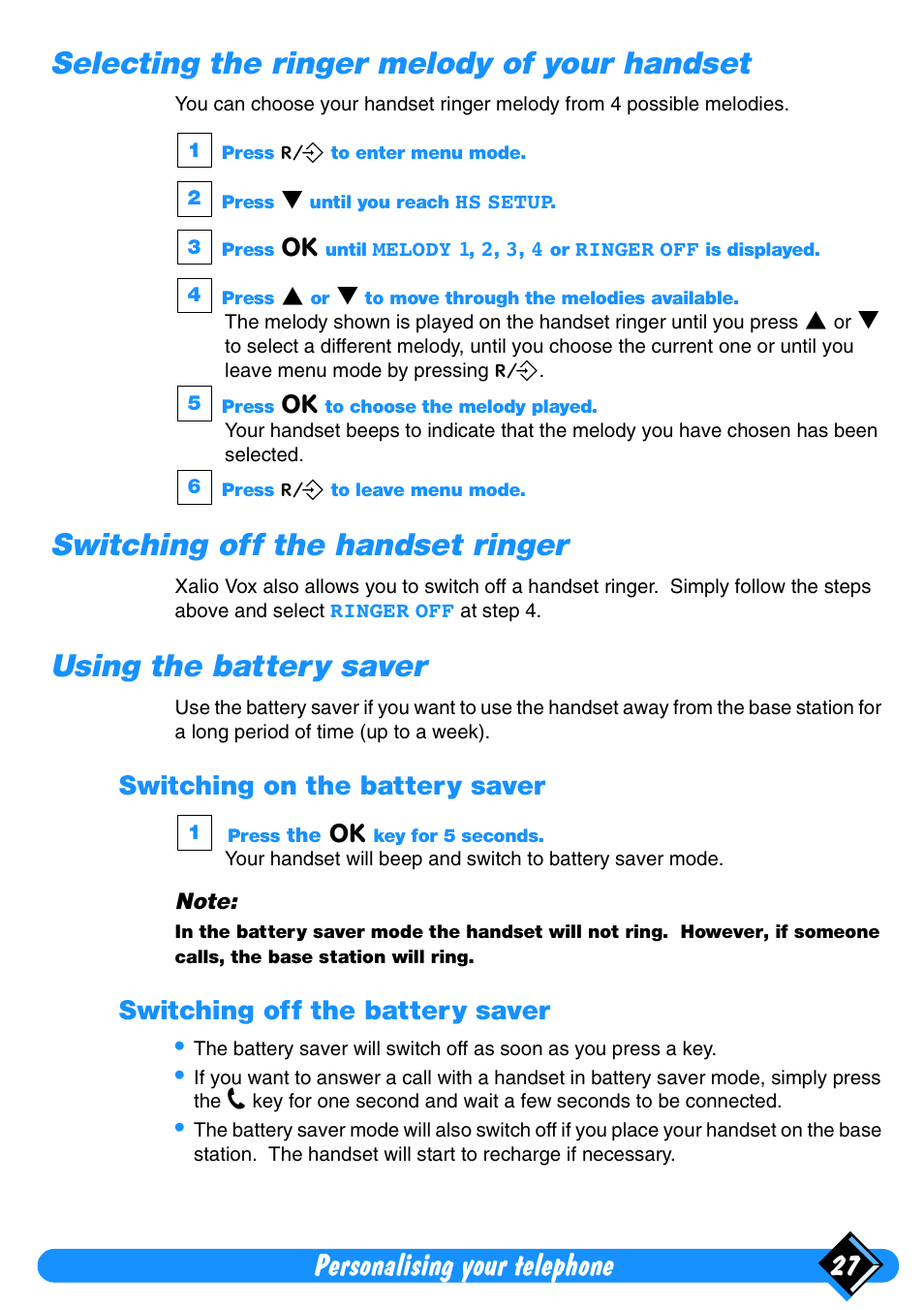 Selecting the ringer melody of your handset, Switching off the handset ringer, Using the battery saver | Personalising your telephone 27, Switching on the battery saver, Switching off the battery saver | Philips Xalio Vox User Manual | Page 31 / 49