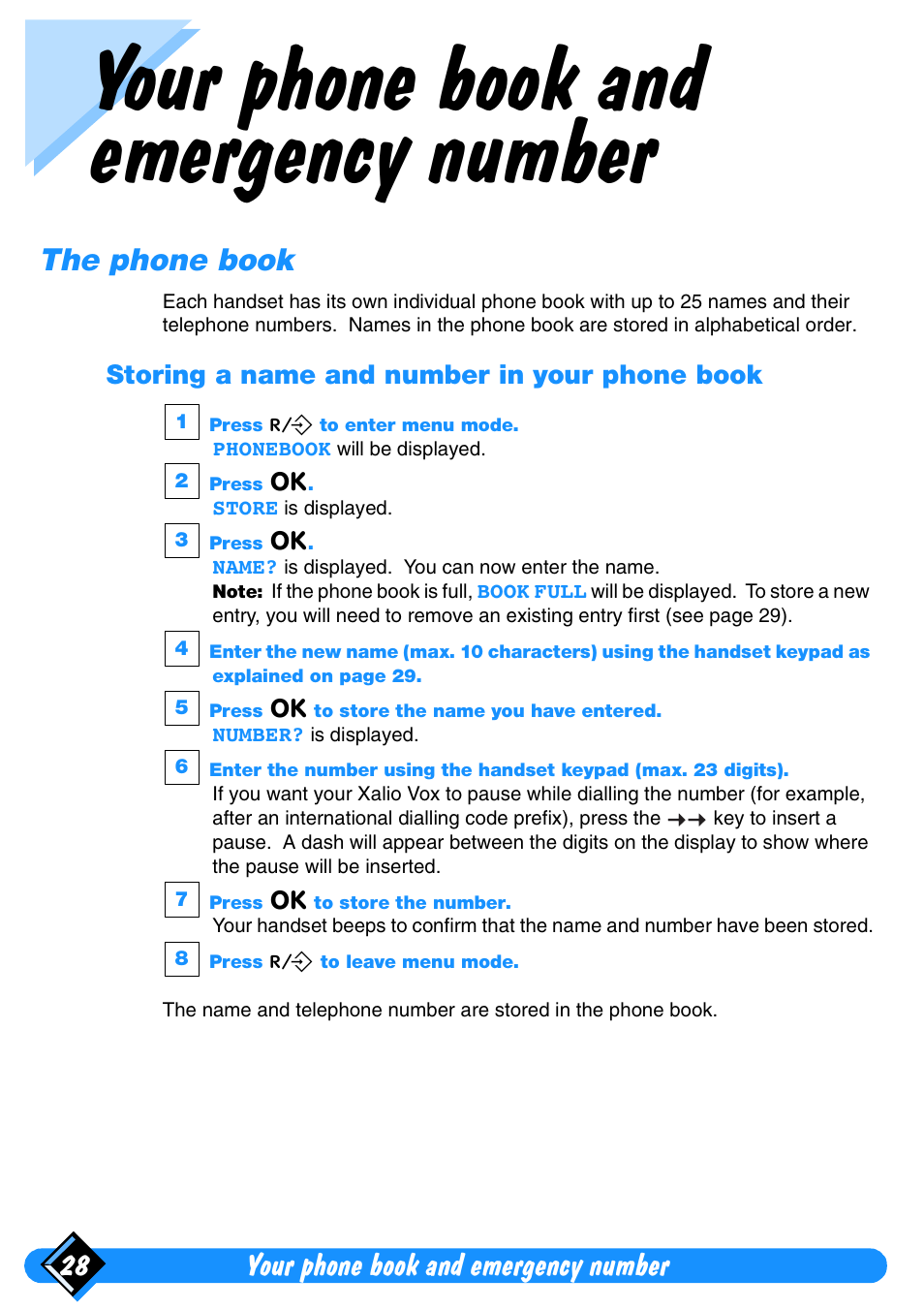 Your phone book and emergency number, The phone book, Storing a name and number in your phone book | Your phone book and emergency number 28 | Philips Xalio Vox User Manual | Page 32 / 49