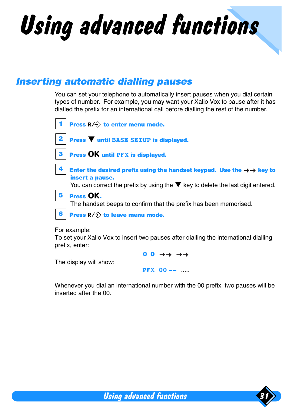 Using advanced functions, Inserting automatic dialling pauses, Using advanced functions 31 | Philips Xalio Vox User Manual | Page 35 / 49