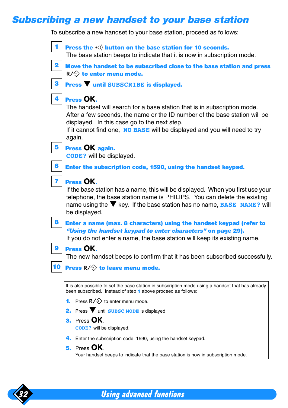 Subscribing a new handset to your base station, Using advanced functions 32 | Philips Xalio Vox User Manual | Page 36 / 49