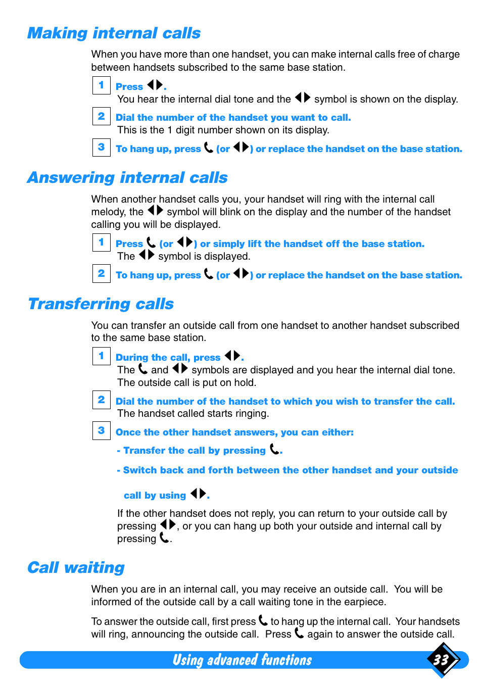 Making internal calls, Answering internal calls, Transferring calls | Call waiting, Using advanced functions 33 | Philips Xalio Vox User Manual | Page 37 / 49