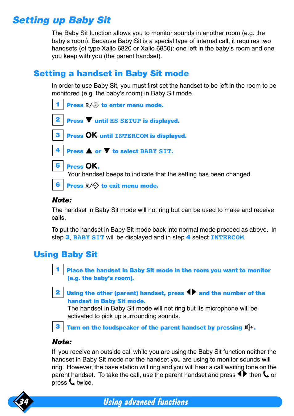 Setting up baby sit, Using advanced functions 34, Setting a handset in baby sit mode | Using baby sit | Philips Xalio Vox User Manual | Page 38 / 49