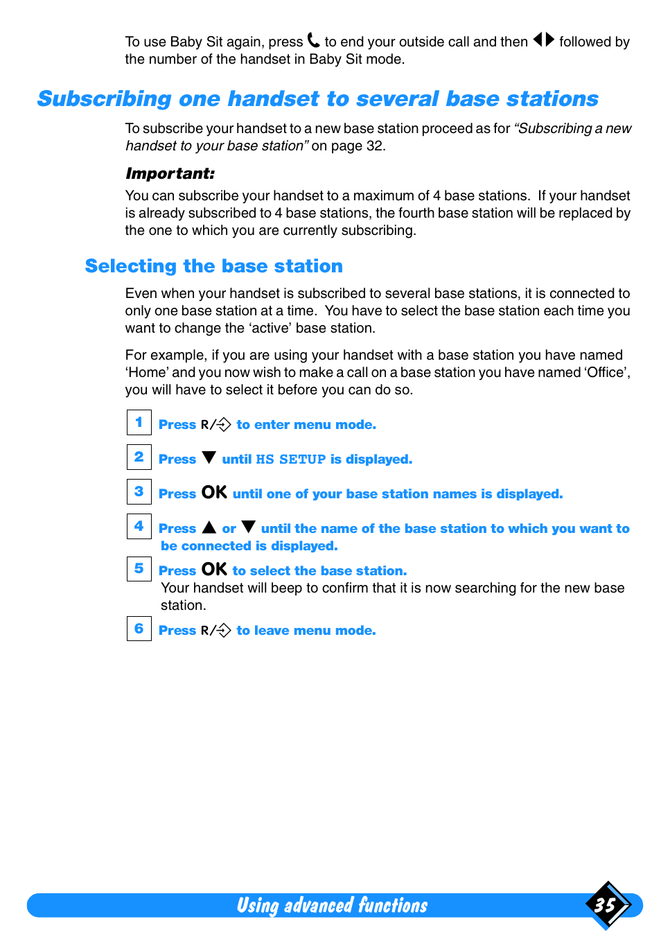 Subscribing one handset to several base stations, Selecting the base station, Using advanced functions 35 | Philips Xalio Vox User Manual | Page 39 / 49