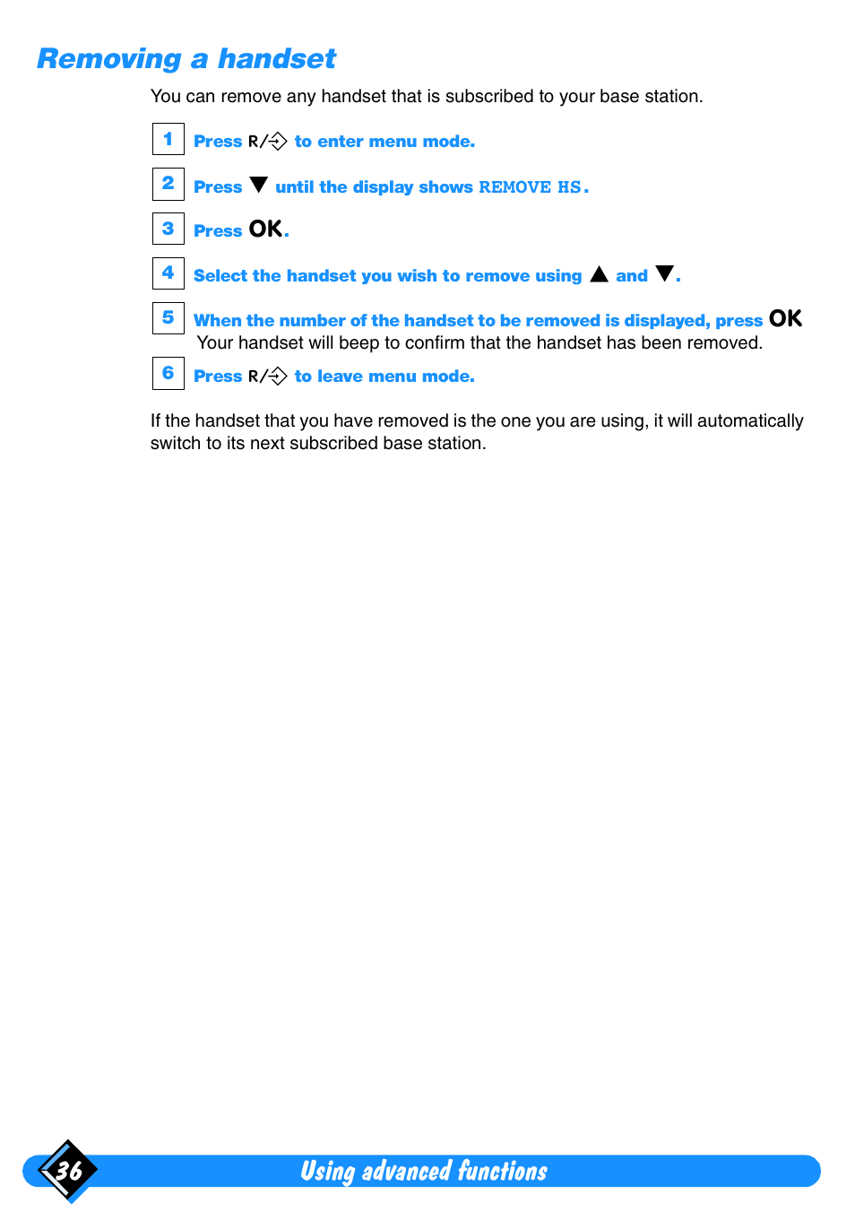 Removing a handset, Using advanced functions 36 | Philips Xalio Vox User Manual | Page 40 / 49