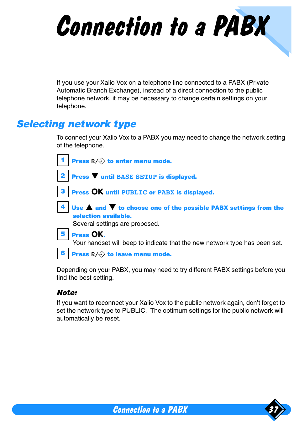 Connection to a pabx, Selecting network type, Connection to a pabx 37 | Philips Xalio Vox User Manual | Page 41 / 49
