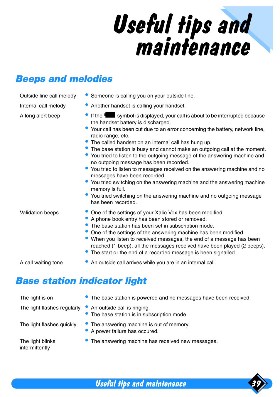 Useful tips and maintenance, Beeps and melodies, Base station indicator light | Beeps and melodies base station indicator light, Useful tips and maintenance 39 | Philips Xalio Vox User Manual | Page 43 / 49