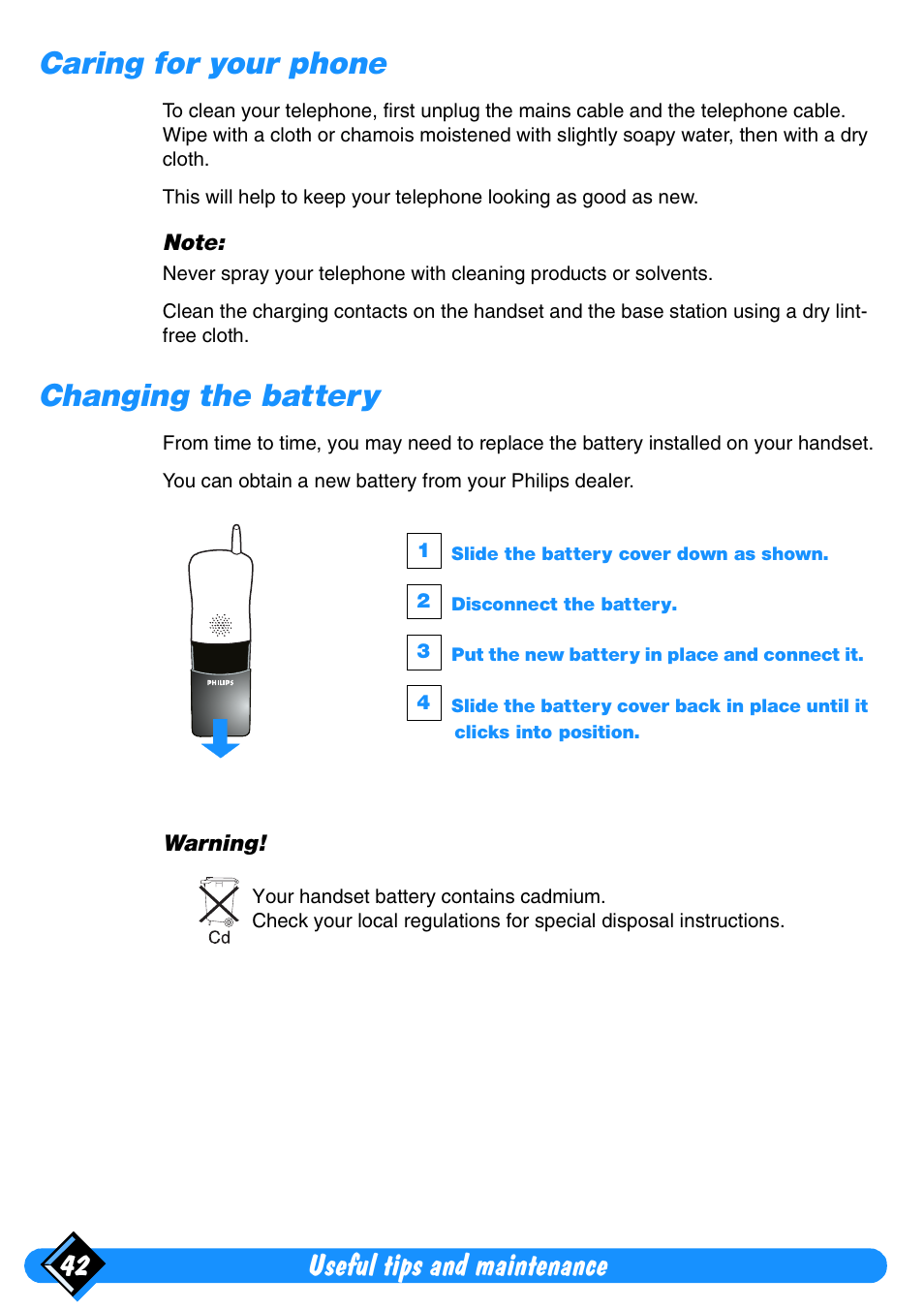 Caring for your phone, Changing the battery, Useful tips and maintenance 42 | Philips Xalio Vox User Manual | Page 46 / 49