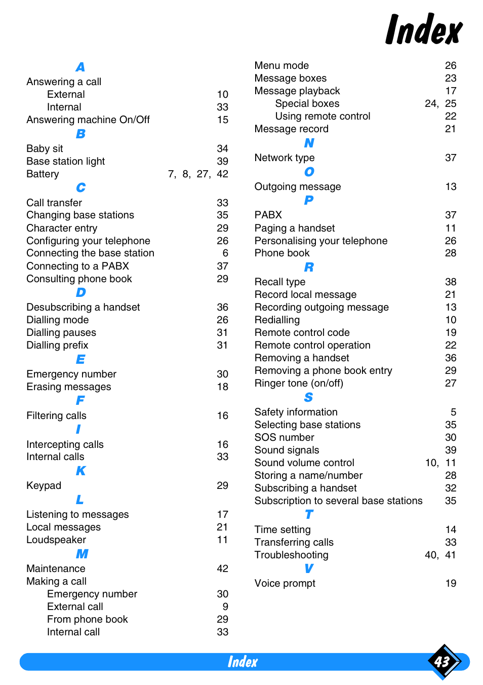 Index, Index 43 | Philips Xalio Vox User Manual | Page 47 / 49